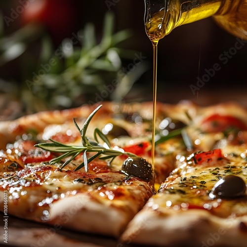 A close-up shot of a drizzle of olive oil being poured over a freshly made pizza, highlighting the culinary process and enhancing the visual appeal of the dish. photo