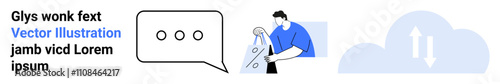 Man ironing clothes, speech bubble, textual elements, and cloud icon. Ideal for communication, chores, domestic life, everyday tasks cloud computing conversation text display. Landing page