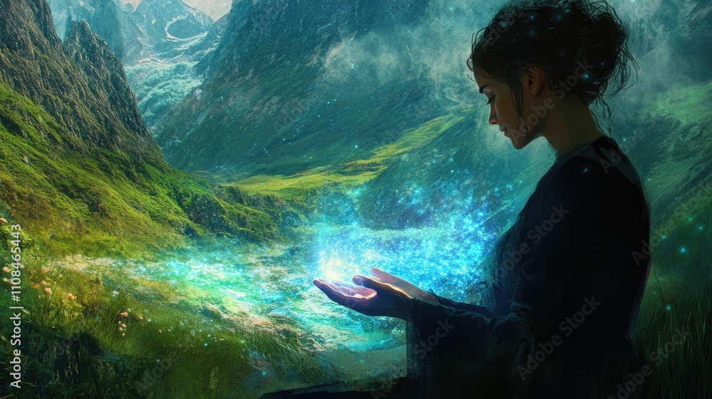 Fototapeta premium A serene figure holds glowing energy in a lush, mystical landscape.