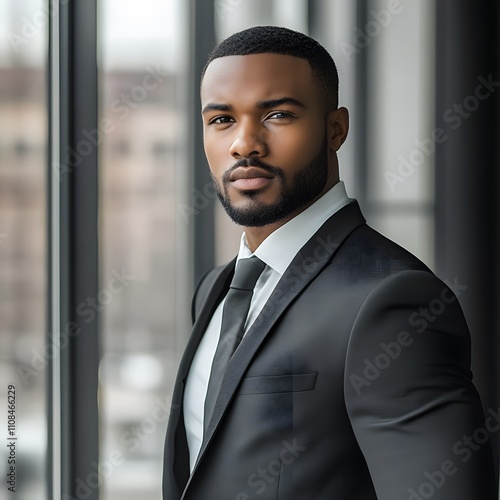 A confident African American businessman in formal wear, captured in a modern office setting. photo