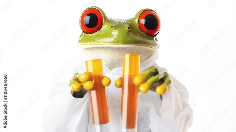 Obraz premium Curious Frog Scientist Conducting Experiments with Test Tubes on White Background