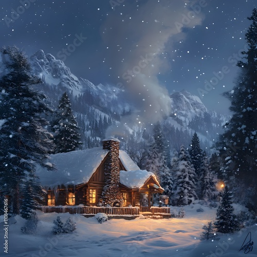 A cozy cabin scene with smoke gently rising from the chimney, creating a warm and inviting atmosphere for a winter vacation. photo