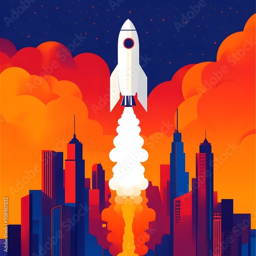 A creative city-themed banner depicting a rocket launch, symbolizing the exciting and dynamic beginning of a startup business. photo