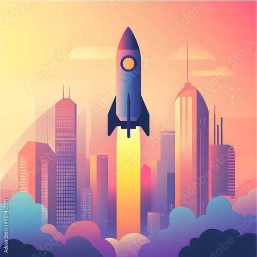 A creative city-themed banner depicting a rocket launch, symbolizing the exciting and dynamic beginning of a startup business. photo