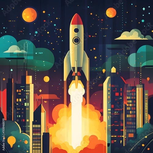 A creative city-themed banner depicting a rocket launch, symbolizing the exciting and dynamic beginning of a startup business. photo