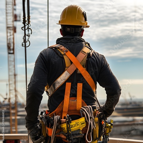 A critical safety scene featuring a construction worker wearing a safety harness and safety line while working at a high elevation. photo