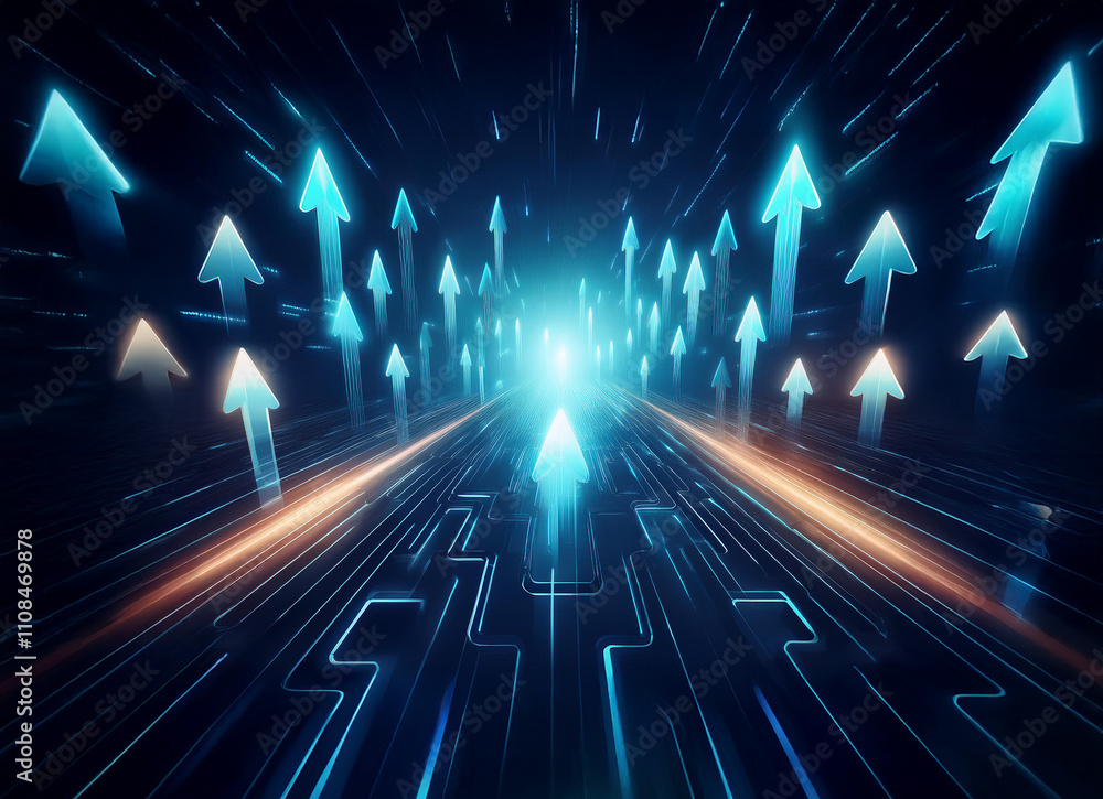 Glowing arrows ascend a digital highway, symbolizing growth and technological advancement. The vibrant blue and orange hues create a dynamic, futuristic feel. Glowing arrows ascend a digital highway, symbolizing growth and technological advancement. The vibrant blue and orange hues create a dynamic, futuristic feel.