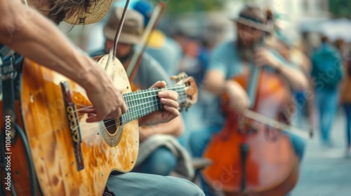 A hazy group of street musicians coaxing sweet sounds from their instruments. photo