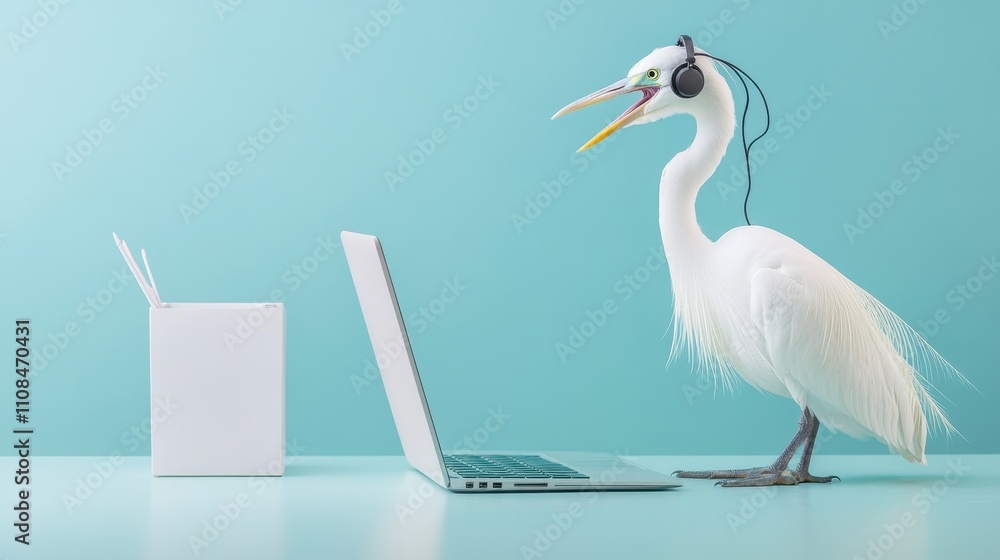 Obraz premium Elegant Heron in Virtual Office: Remote Working Conference Call on Blue Background