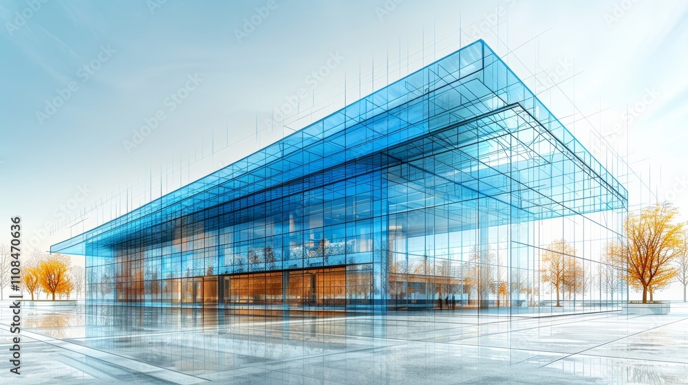 Fototapeta premium Highlighting its modern design, the digital sketch of a glass building showcases its exterior, which beautifully reflects the surrounding landscape and creates a sense of openness.
