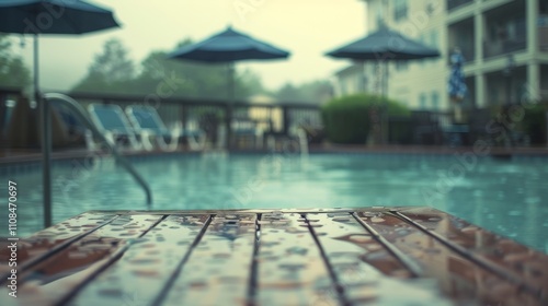 Obscured pool chairs and umbrellas tered around the deck. photo