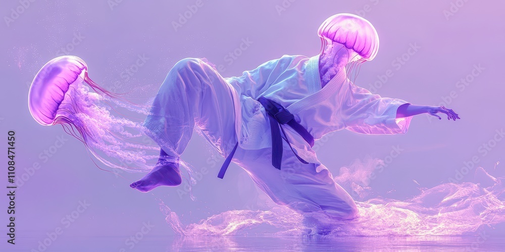 Obraz premium Martial Arts Jellyfish - Colorful Karate Kick in Purple Background