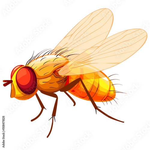 Colorful depiction of a fruit fly in detail showing wings and features