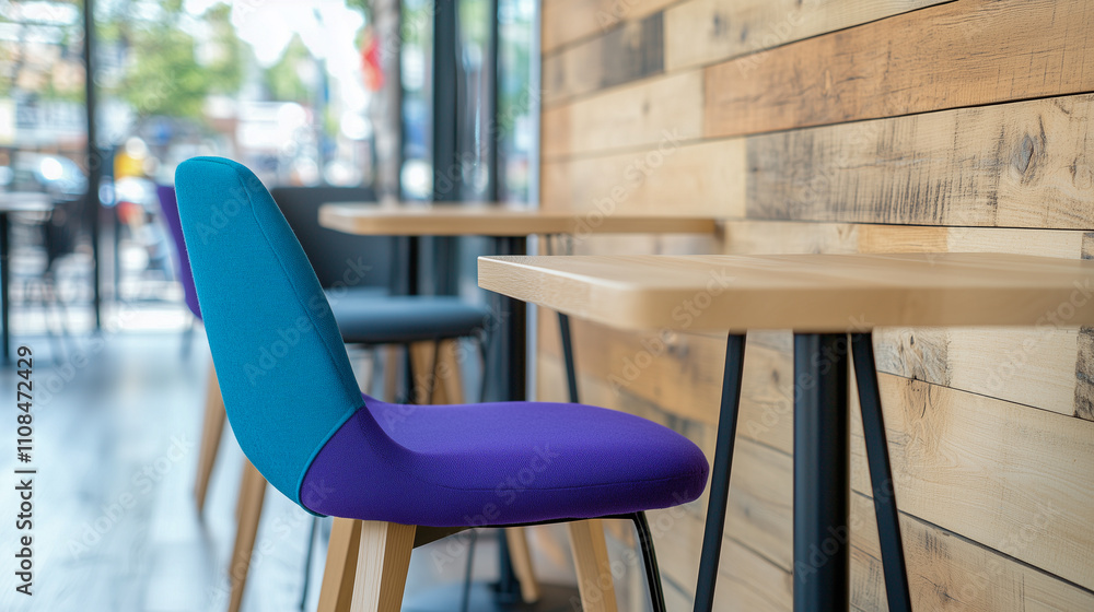 interior of lounge zone with comfortable purple and turquoise armchairs and wooden walls and laminated floor interior of lounge zone with comfortable purple and turquoise armchairs and wooden walls and laminated floor