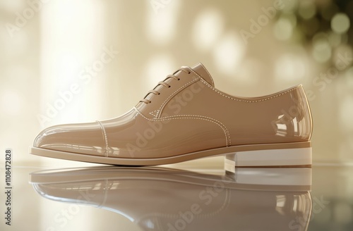 A formal brown leather brogue shoe with elegant perforations, displayed side on over a clean white surface to emphasize its classic appeal, isolated on clear white background. photo