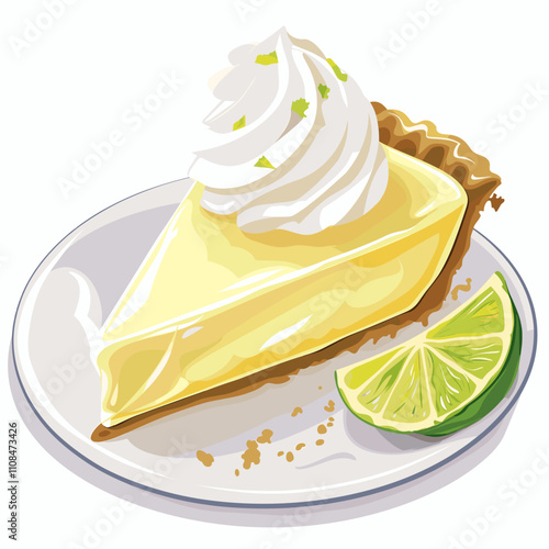 Delicious slice of key lime pie with whipped cream and lime garnish on a white plate