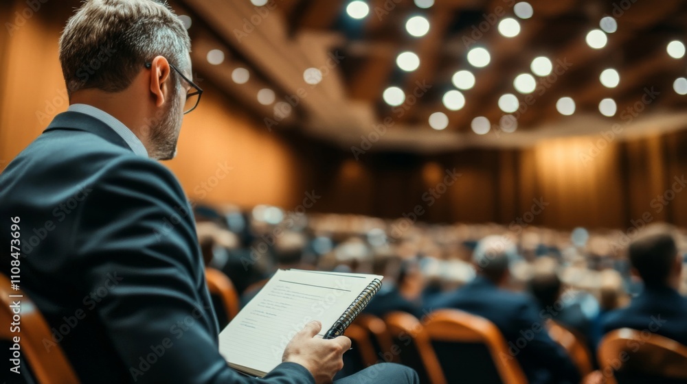 Fototapeta premium Man in Suit Taking Notes in a Large Conference Hall
