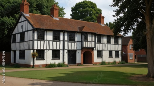 Wallpaper Mural Tudor-style house with black and white timber framing, brick, and a large lawn. Torontodigital.ca