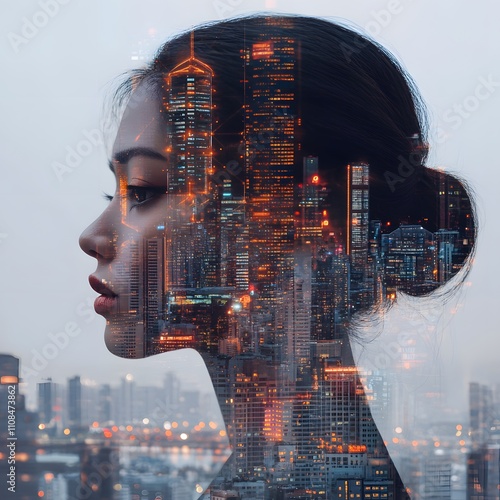 A double exposure image of a woman’s face combined with a cityscape and data elements, representing futuristic and innovative technology concepts. photo