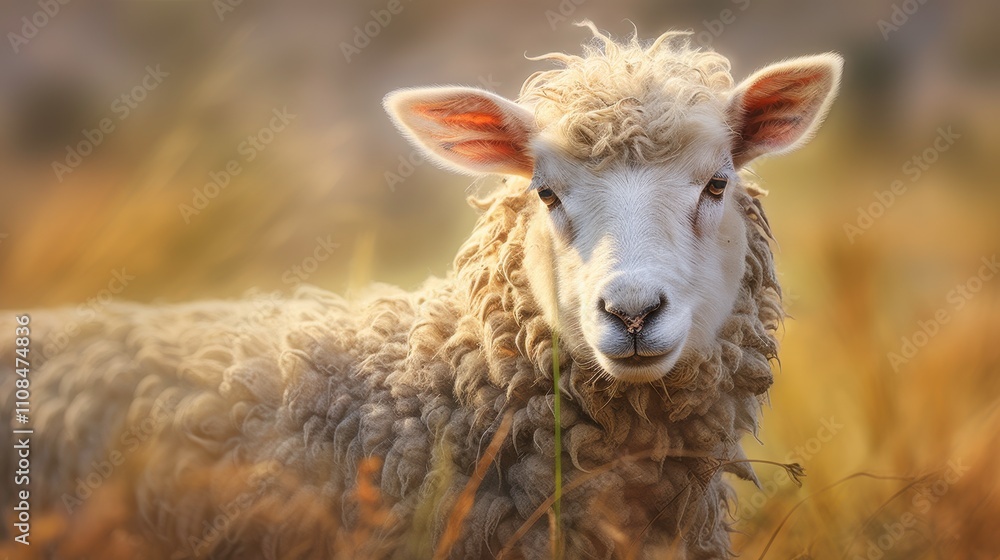 Obraz premium Close-Up of a Farm Sheep Surrounded by Soft Grass and Warm Light, Capturing the Beauty of Rural Life and Nature in a Tranquil Pastoral Setting