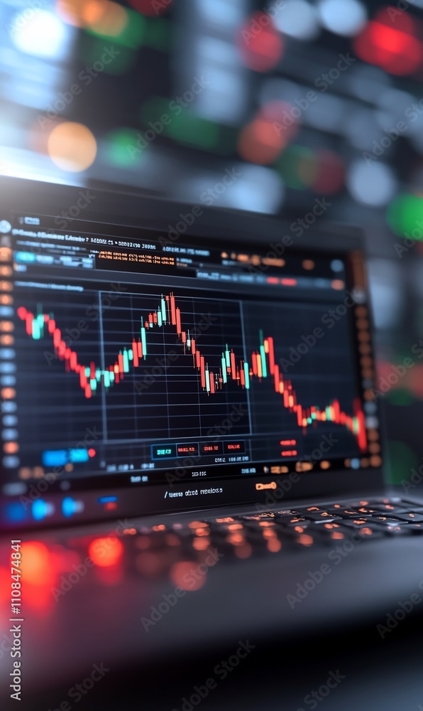 A laptop displaying a financial trading chart with market data. A laptop displaying a financial trading chart with market data.