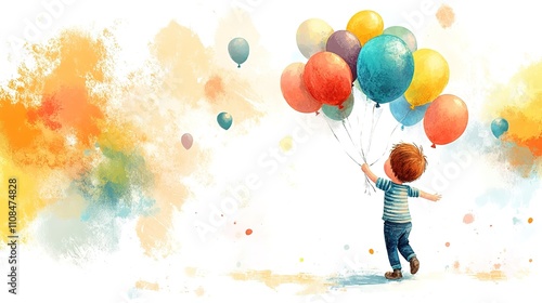 charming illustration of a young boy flying with balloons, placed on a white background, with a bright and cheerful color palette