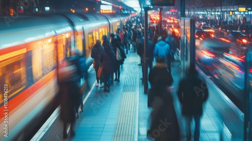 Blurred Motion of People Waiting for a Train at a Station photo