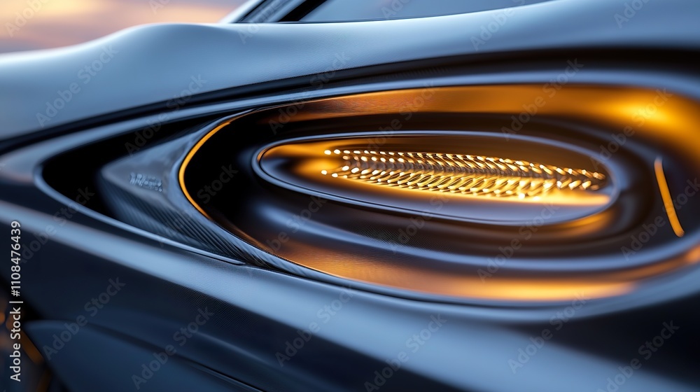 Fototapeta premium Close-up of a car's illuminated rear light, showcasing its sleek design and modern technology at sunset.