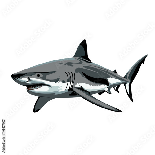 Great white shark swimming in ocean waters with vibrant blue background