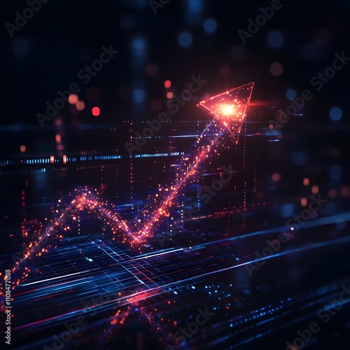 A dynamic virtual digital arrow pointing upwards, symbolizing financial growth, rising interest rates, and inflation. photo