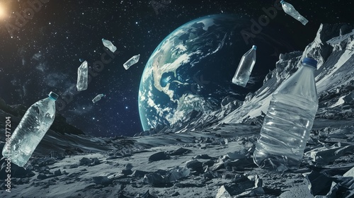 Plastic Bottles and Bags Drifting in Space Orbiting a Beautiful Earth photo