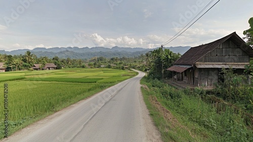 A peaceful Google Street View capturing a rural village road surrounded by green rice fields, wooden houses, and distant hills under a clear sky.