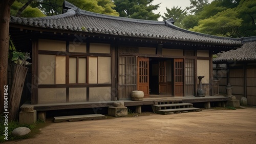 Traditional Asian house with wooden walls, tiled roof, and open doors. photo