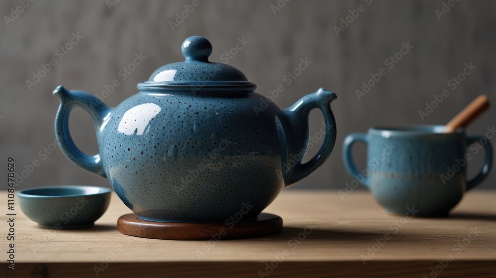 Here's a possible and keyword list for your stock photo... Blue teapot, teacup, and saucer on wooden table. Here's a possible and keyword list for your stock photo... Blue teapot, teacup, and saucer on wooden table.