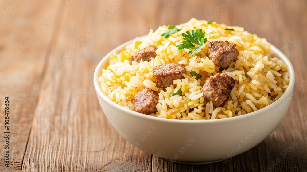 A bowl of flavorful rice mixed with tender pieces of meat, garnished with parsley, sitting on a rustic wooden table. A bowl of flavorful rice mixed with tender pieces of meat, garnished with parsley, sitting on a rustic wooden table.