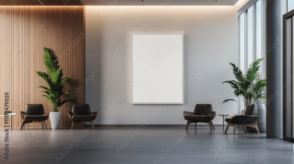 Fototapeta premium Modern Lobby with Two Chairs, Palm Plants, and a Large Blank Canvas