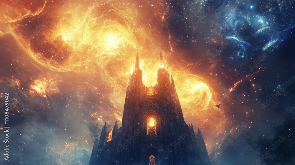 Obraz premium A Gothic Cathedral Rises Against a Fiery Cosmic Background