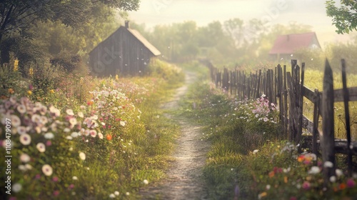 A serene Google Street View of a countryside dirt path lined with blooming flowers, small farms, and a rustic wooden fence in soft morning light.