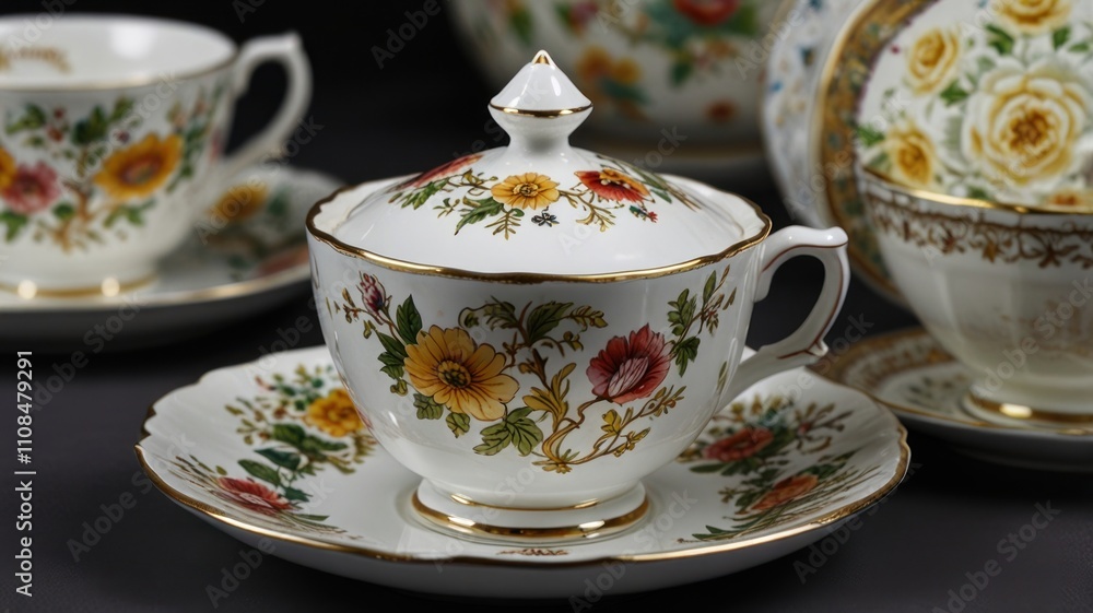 Fototapeta premium Elegant floral teacup and saucer set with lidded sugar bowl.