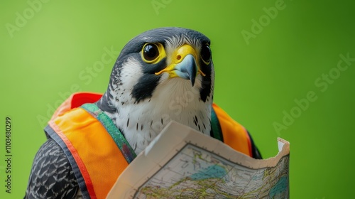 Adventure Awaits - Peregrine Falcon in Travel Vest Holding Map on Bright Green Background photo