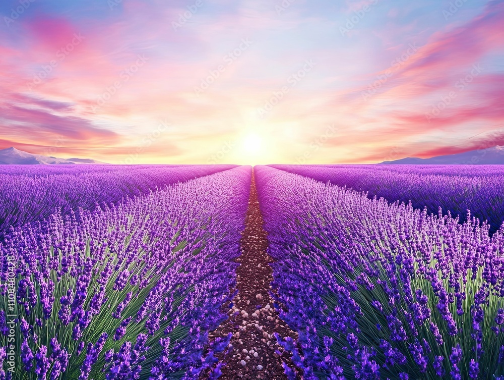 Fototapeta premium Sunset over rows of purple lavender.