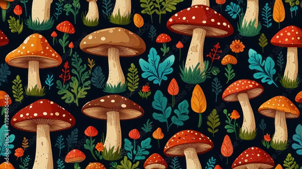 Here's a description for your stock photo, following your specifications.. Colorful mushroom and foliage seamless pattern. Here's a description for your stock photo, following your specifications.. Colorful mushroom and foliage seamless pattern.