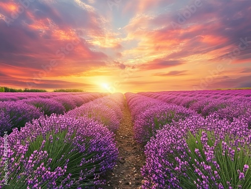 Sunset over rows of purple lavender.