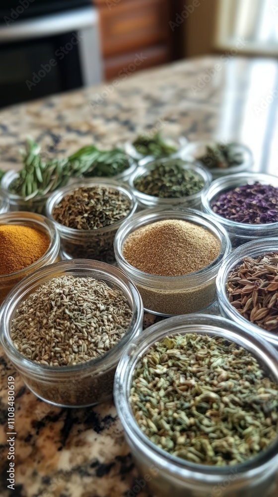 A variety of dried herbs and spices in glass jars displayed on a granite countertop, perfect for culinary and cooking themes. A variety of dried herbs and spices in glass jars displayed on a granite countertop, perfect for culinary and cooking themes.