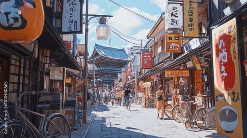 A vibrant Google Street View scene capturing a bustling Japanese street lined with traditional shops, colorful signs, and bicycles.