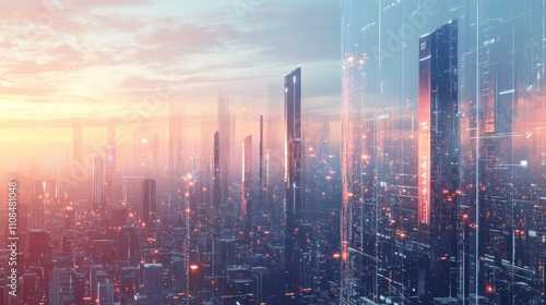 Wallpaper Mural Futuristic Cityscape with Digital Overlays at Sunset Torontodigital.ca