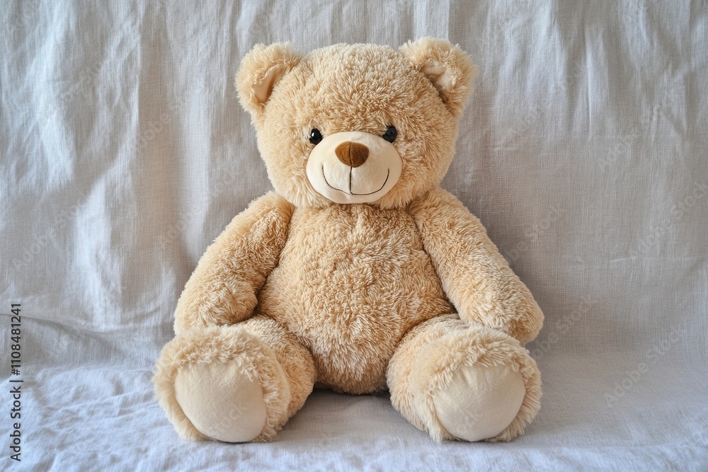 Fototapeta premium A teddy bear is sitting on a white surface. The bear is smiling and he is happy