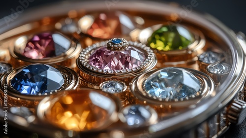 Close-up of a luxurious watch adorned with colorful gemstones. photo