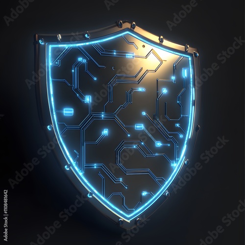 A futuristic shield made of interconnected digital circuits, symbolizing advanced defense mechanisms used to protect against cyber attacks and ensure cybersecurity. photo