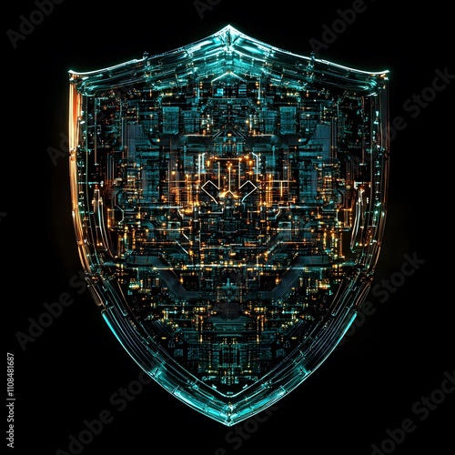 A futuristic shield made of interconnected digital circuits, symbolizing advanced defense mechanisms used to protect against cyber attacks and ensure cybersecurity. photo